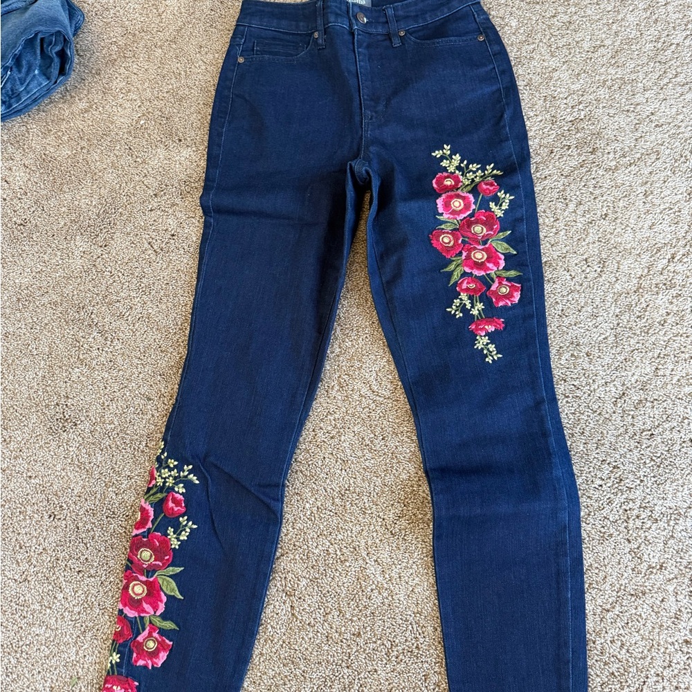 Martha Stewart Dark Blue Floral Embroidered Skinny Jeans